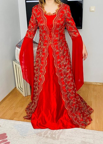 Kırmızı Uzun Kollu V Yaka Henna Elbise - Görsel 5