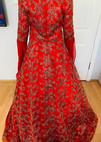 Kırmızı Uzun Kollu V Yaka Henna Elbise - Görsel 2