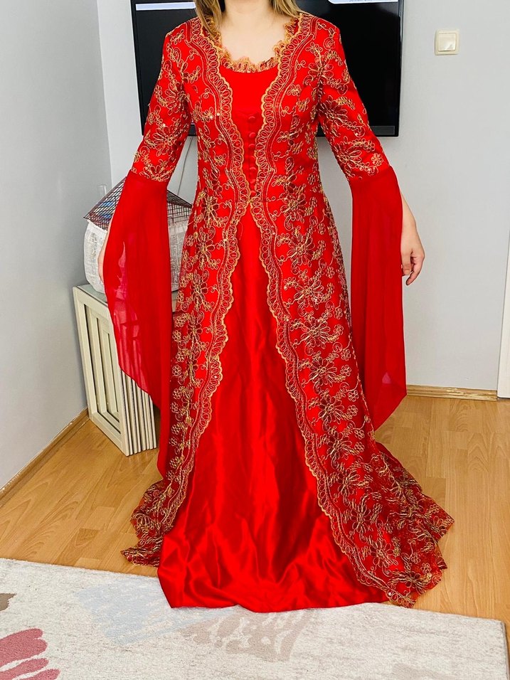 Kırmızı Uzun Kollu V Yaka Henna Elbise - Görsel 5