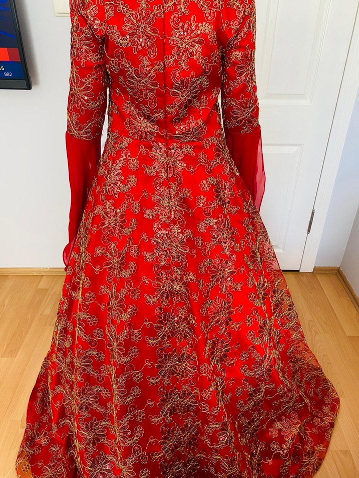Kırmızı Uzun Kollu V Yaka Henna Elbise - Görsel 2