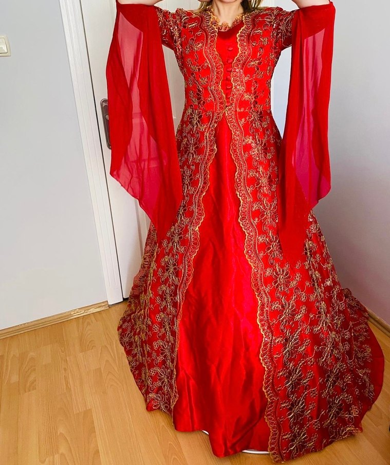 Kırmızı Uzun Kollu V Yaka Henna Elbise - Görsel 3