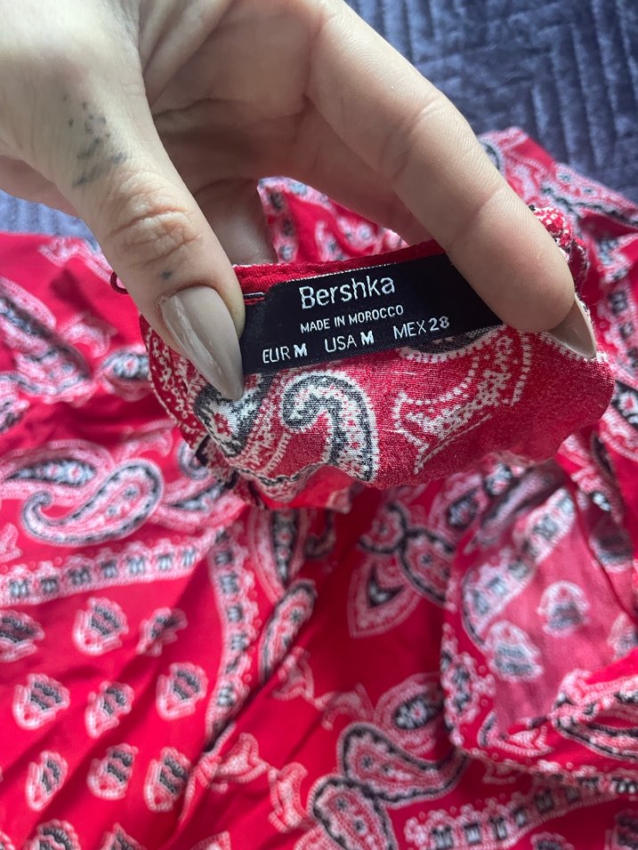 Koyu Kırmızı Bohem Desenli Krep Elbise - Görsel 4