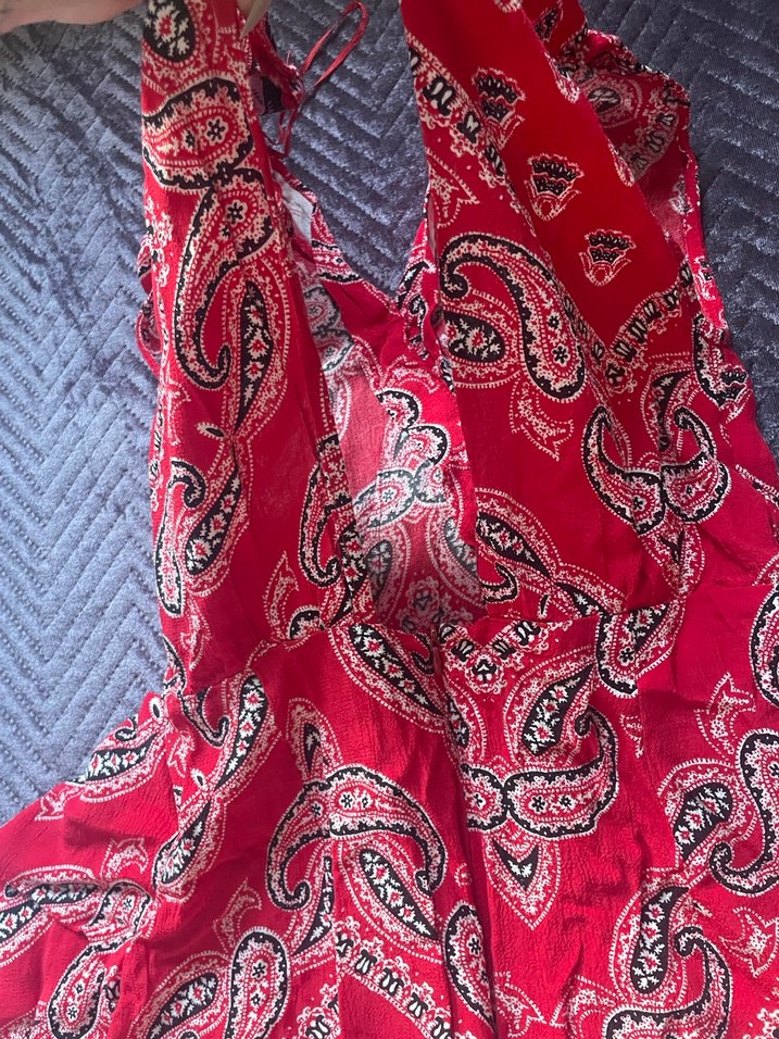 Koyu Kırmızı Bohem Desenli Krep Elbise - Görsel 3