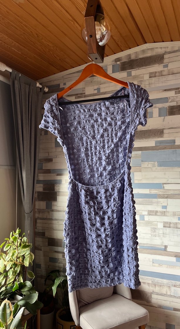 Gri Mini Bohem Kısa Kollu Sırtı Açık Elbise - Görsel 2