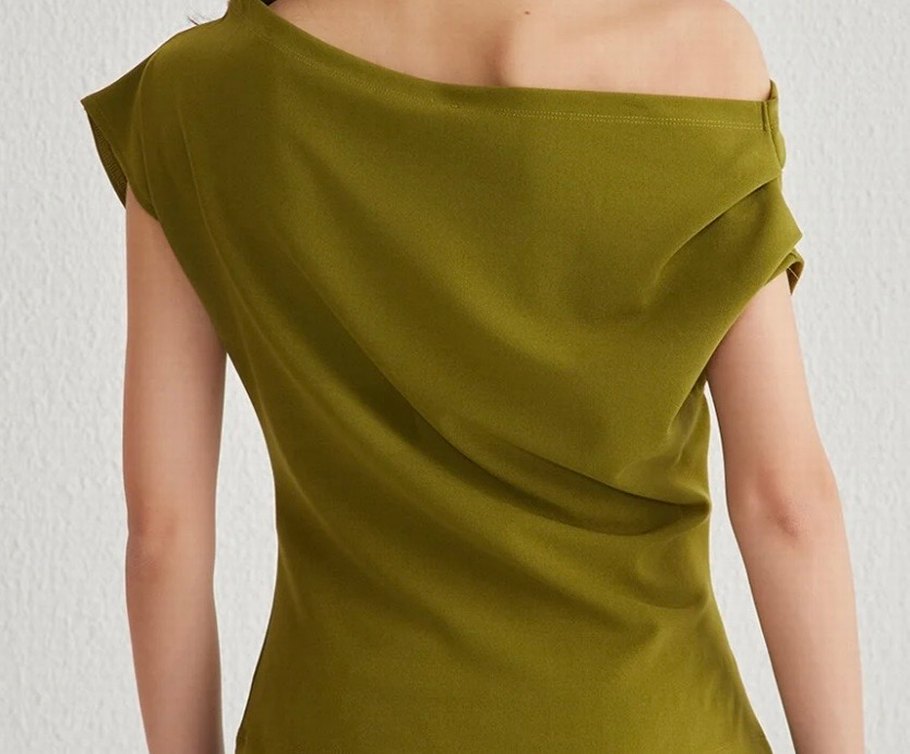 Parlak Haki Drapeli Tek Omuz Bluz - Görsel 2