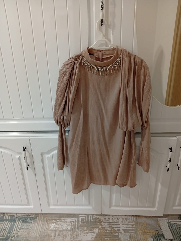 Beyaz Uzun Kollu Drape Detaylı Kadın Gelinlik - Görsel 4