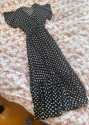 Puantiye Desenli Siyah Uzun Bohem Elbise - Görsel 3