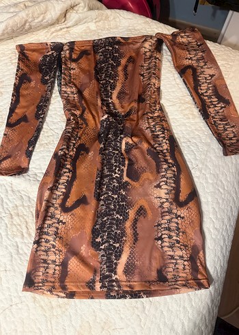 Kahverengi Yılan Desenli Mini Elbise - Görsel 4