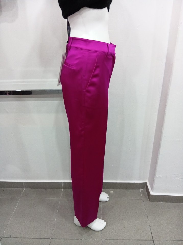 Pembe Saten Midi Kadın Kumaş Pantolon - Görsel 2