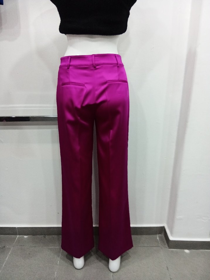 Pembe Saten Midi Kadın Kumaş Pantolon - Görsel 3