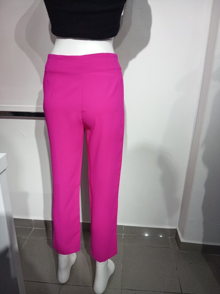 Pembe Midi Kumaş Kadın Pantolon - Görsel 3