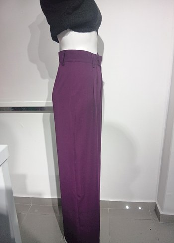 Mor Kadın Pilili Dokuma Kumaş Pantolon - Görsel 2