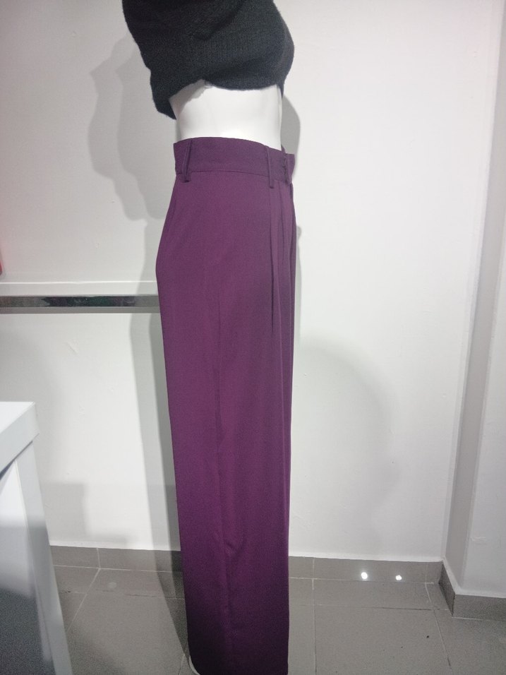 Mor Kadın Pilili Dokuma Kumaş Pantolon - Görsel 2