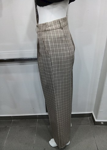 Bej Kareli Pilili Kadın Kumaş Pantolon - Görsel 4