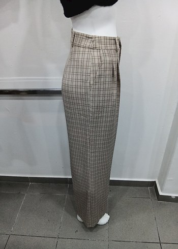 Bej Kareli Pilili Kadın Kumaş Pantolon - Görsel 2