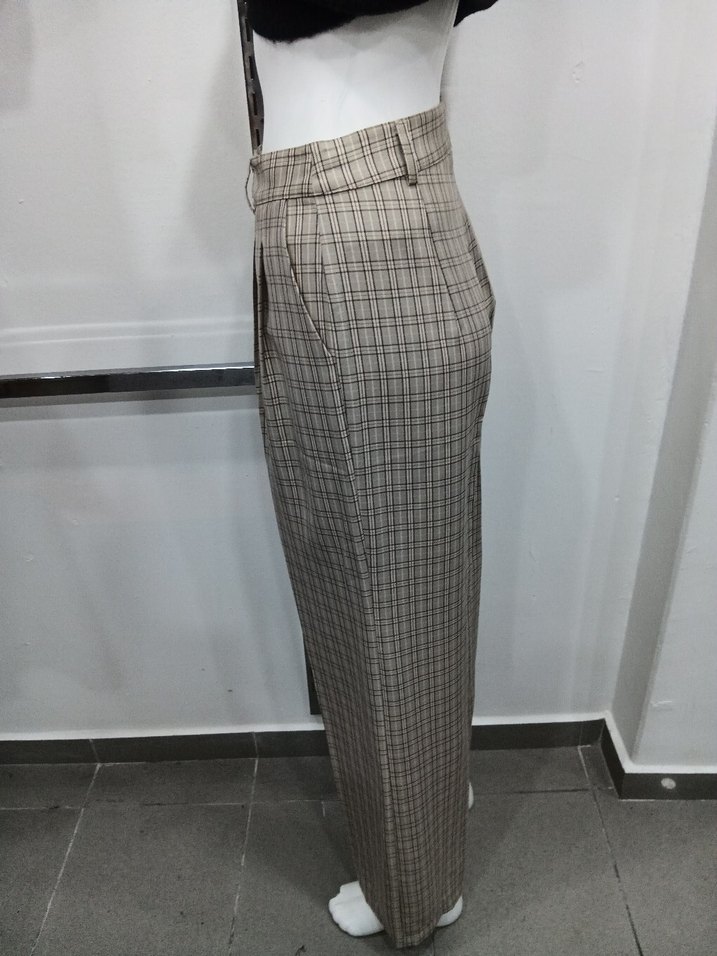 Bej Kareli Pilili Kadın Kumaş Pantolon - Görsel 4