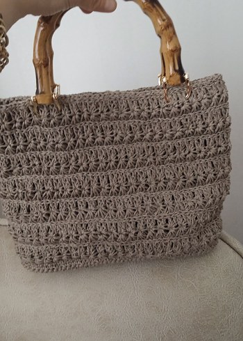 Bej Gri Yılan Desenli Kürklü Örgü Kadın Çanta - Görsel 2