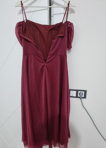 Bordo Midi boyDrapeli Askılı Abiye Elbise - Görsel 2