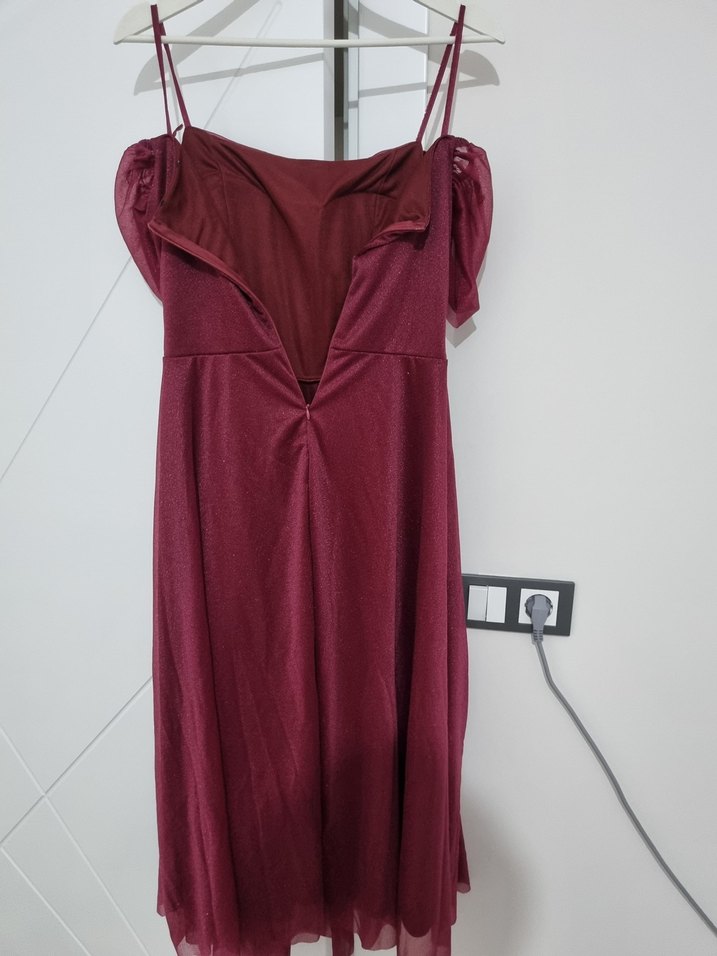 Bordo Midi boyDrapeli Askılı Abiye Elbise - Görsel 2