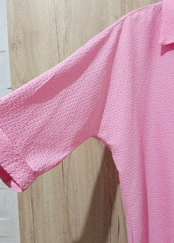 Pembe Düğmeli Uzun Kollu Keten Gömlek - Görsel 2