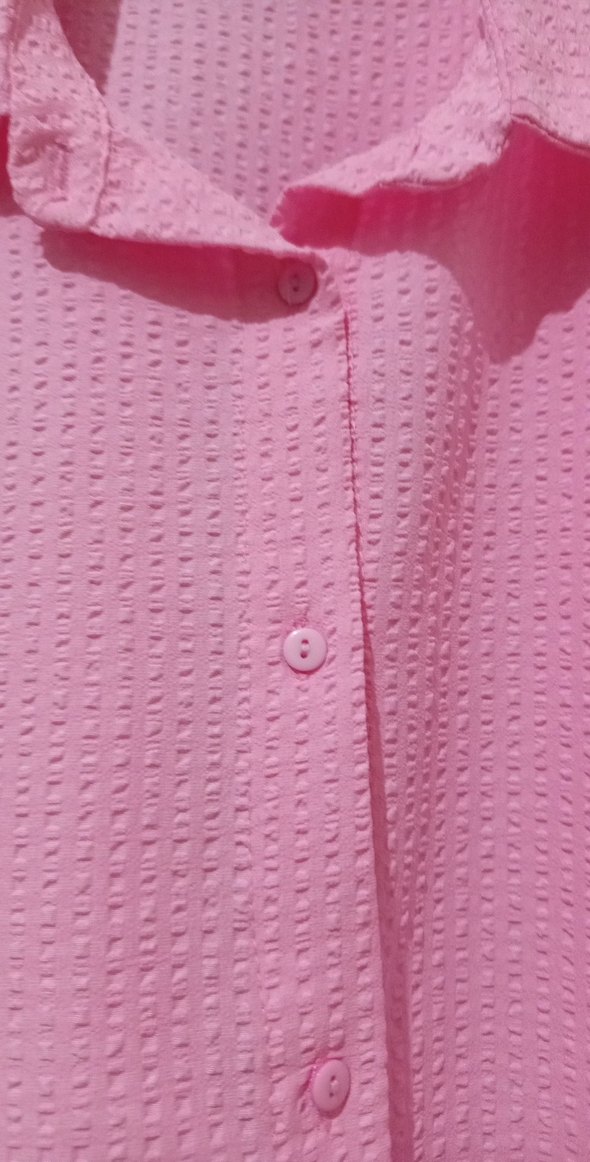 Pembe Düğmeli Uzun Kollu Keten Gömlek - Görsel 3