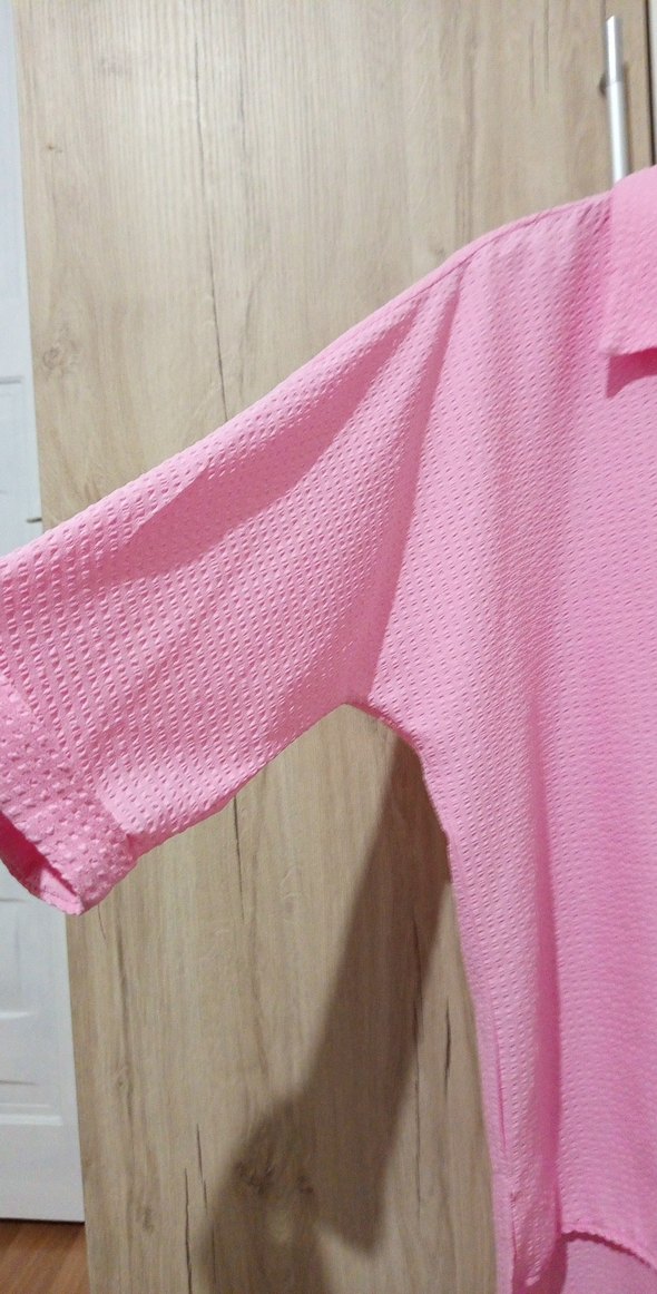 Pembe Düğmeli Uzun Kollu Keten Gömlek - Görsel 2