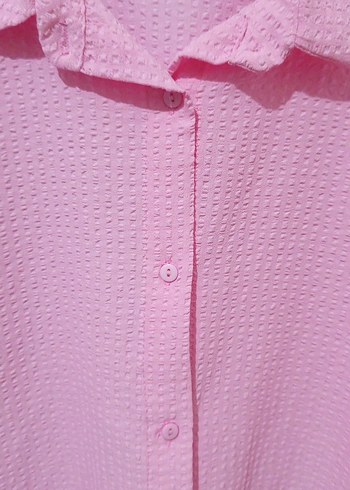 Düğmeli Pembe Keten Salaş Kadın Gömlek - Görsel 5