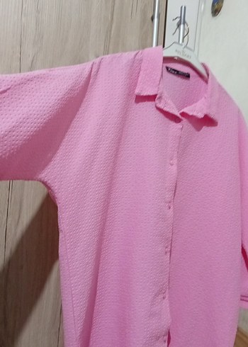 Düğmeli Pembe Keten Salaş Kadın Gömlek - Görsel 2