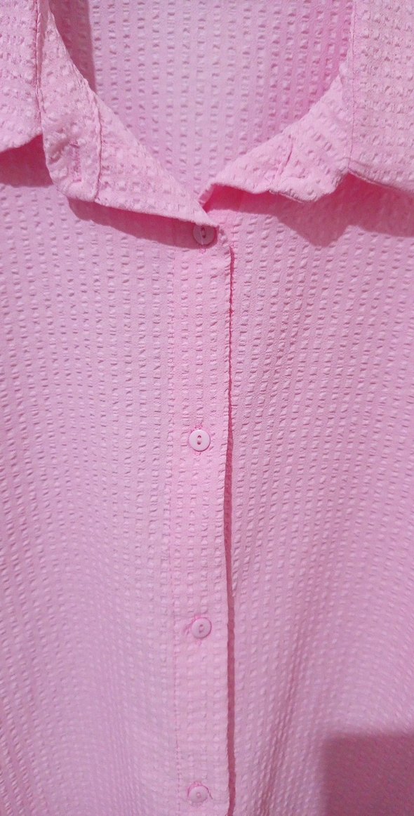 Düğmeli Pembe Keten Salaş Kadın Gömlek - Görsel 5