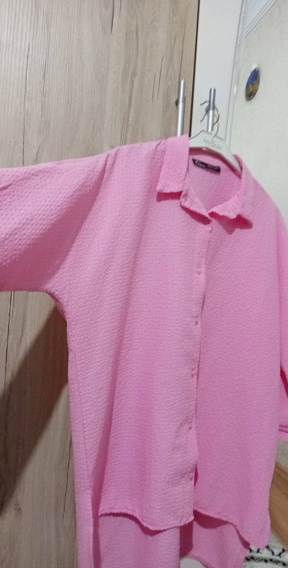 Düğmeli Pembe Keten Salaş Kadın Gömlek - Görsel 2