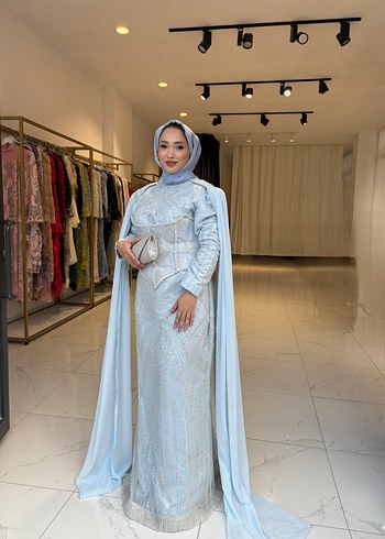 Zara Pastel Mavi İsiltili Tesettur Abiye Elbise