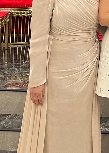 Beyaz Uzun Kollu Drapeli Abiye Elbise - Görsel 3