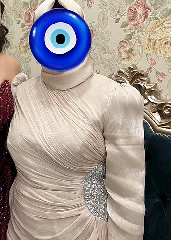 Beyaz Uzun Kollu Drapeli Abiye Elbise - Görsel 2