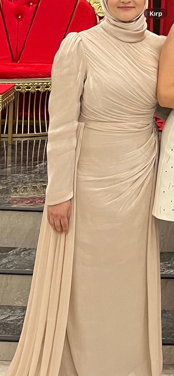 Beyaz Uzun Kollu Drapeli Abiye Elbise - Görsel 3