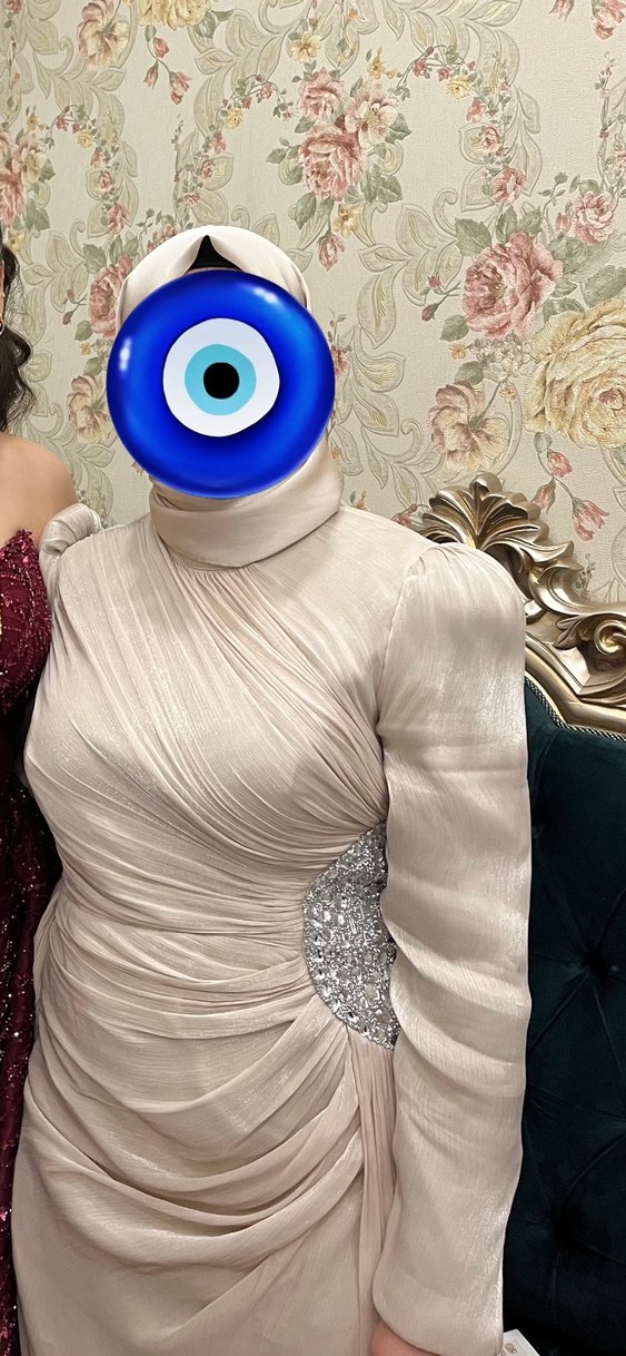 Beyaz Uzun Kollu Drapeli Abiye Elbise - Görsel 2