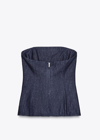 Düğmeli Lacivert Denim Straplez Büstiyer - Görsel 2