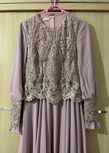 Uzun Kollu Nakışlı Dantel Detaylı Kadın Abiye Elbise - Görsel 2