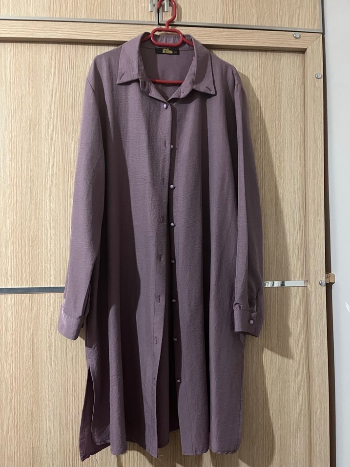 Düğmeli Uzun Kollu Mor Keten Tunik - Görsel 2