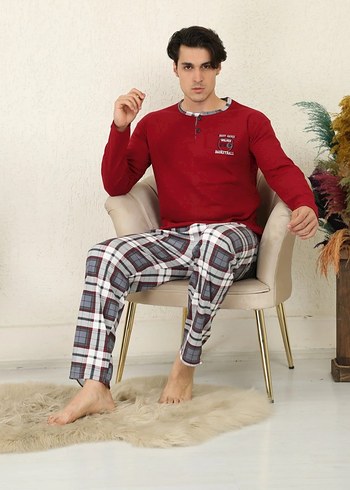 Erkek Bordo Kareli Pamuklu Pijama Takımı - Görsel 2