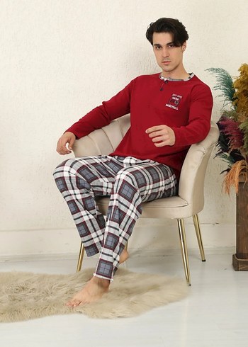Erkek Bordo Kareli Pamuklu Pijama Takımı - Görsel 5