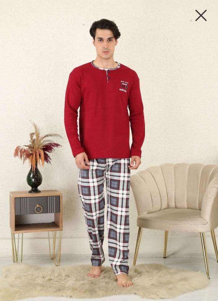 Erkek Bordo Kareli Pamuklu Pijama Takımı - Görsel 3