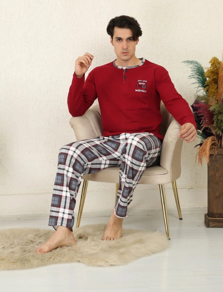 Erkek Bordo Kareli Pamuklu Pijama Takımı - Görsel 2