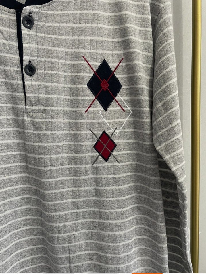 Düğmeli Gri Nakışlı Erkek Pijama Üstü - Görsel 2