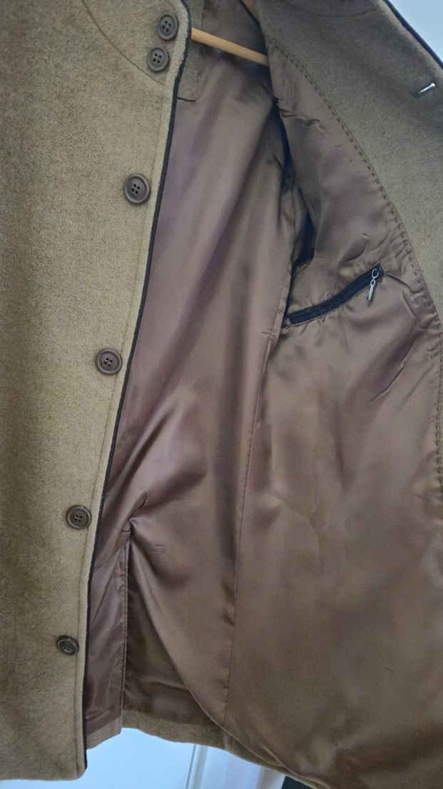 Düğmeli Bej Yün Erkek Kaban - Görsel 3