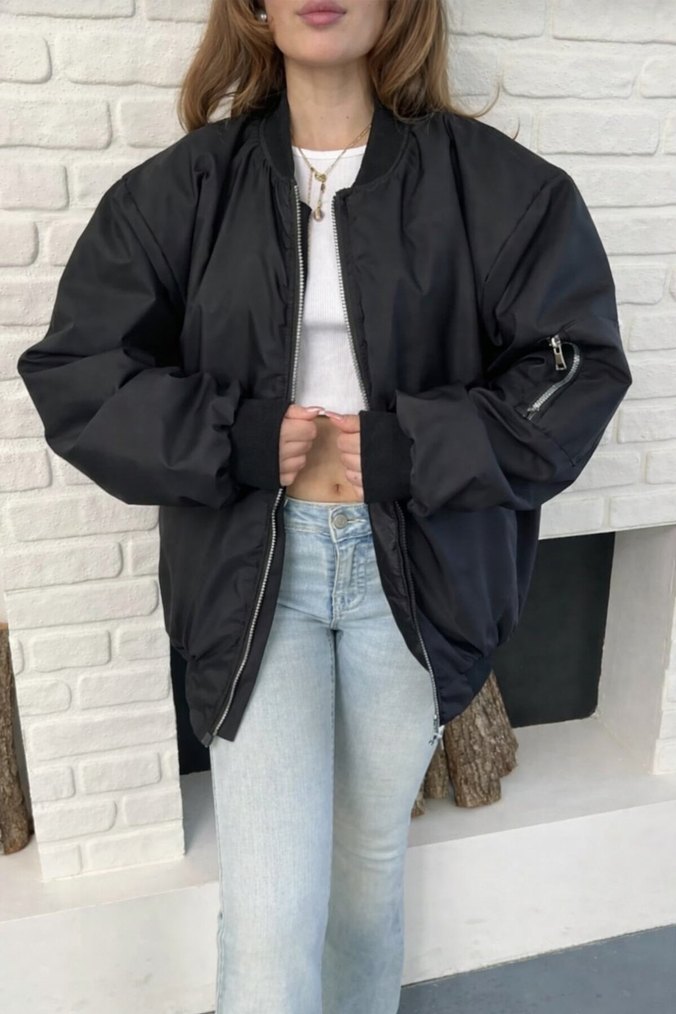 Unisex Siyah Oversize Bomber Ceket - Görsel 2