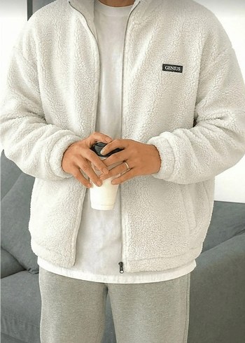 Oversize Peluş Tam Fermuarlı Peluş İçi Polarlı  Kumaş Sweatshirt - Görsel 2