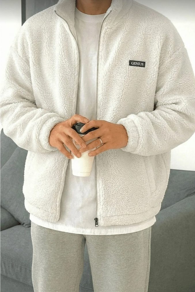 Oversize Peluş Tam Fermuarlı Peluş İçi Polarlı  Kumaş Sweatshirt - Görsel 2