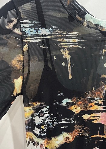 Uzun Kol Detaylı Siyah Batik Desenli Elbise - Görsel 2