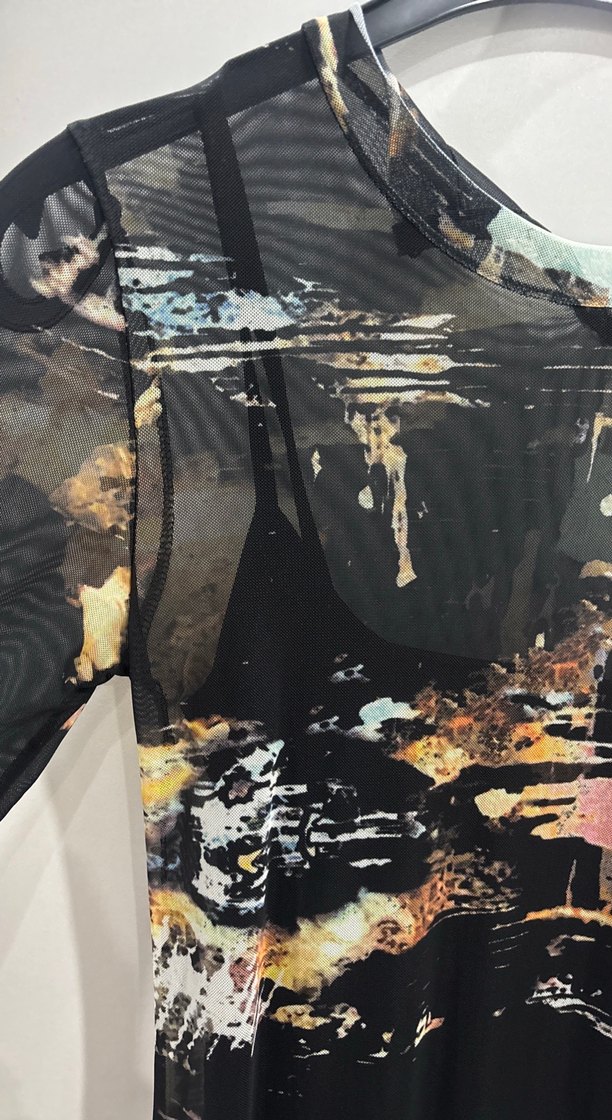 Uzun Kol Detaylı Siyah Batik Desenli Elbise - Görsel 2