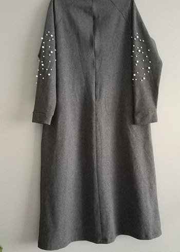 Gri Uzun Kollu İşlemeli Kadın Elbise - Görsel 2